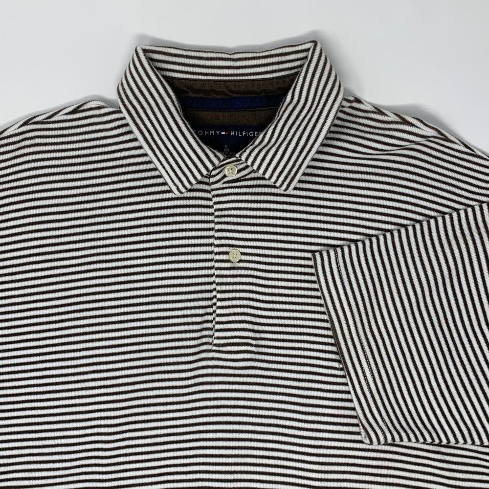 Tommy Hilfiger Brown & White Stripe Men's Polo Shirt Size Large