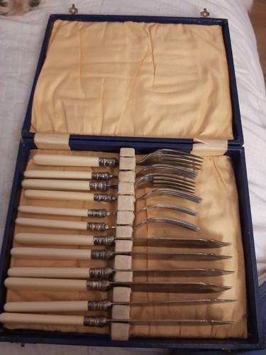 Box Set of 12 Vintage EPNS Fish Set with Handles & Engraved Pattern