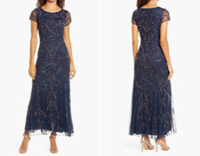 PISARRO NIGHTS Navy Blue Beaded Embellished Deco Mesh Midi Cocktail Dress 2 XS/S