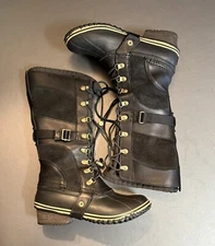 SOREL Black Suede Leather Lace Up Buckle Riding Snow Boots Carly Conquest Tall 8