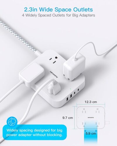 5Ft Flat Plug Extension Cord, 4 USB Ports (2 USB-C), 4 Outlets, Wall Mount - Picture 2 of 11