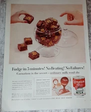 1956 Carnation Vintage Print Ad Evaporated Milk Fudge Chocolate Five Minute Dish