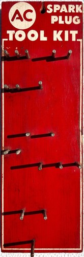 1950's Vintage AC Spark Plug Remover Toolkit Holder Rack Delco Wooden Sign