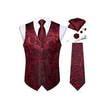 Mens Vest and Tie Set Formal Paisley Waistcoat and Large Red Black Paisley
