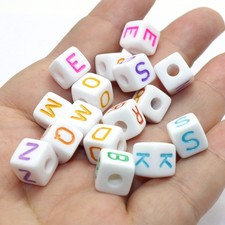 100 Pcs White with Color Assorted Alphabet Letter Cube Beads 10mm Big Hole 4mm