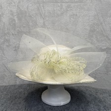VTG Church Hat Womens Cream Satin Toile Wide Brim Bow Rhinestone Derby Wedding