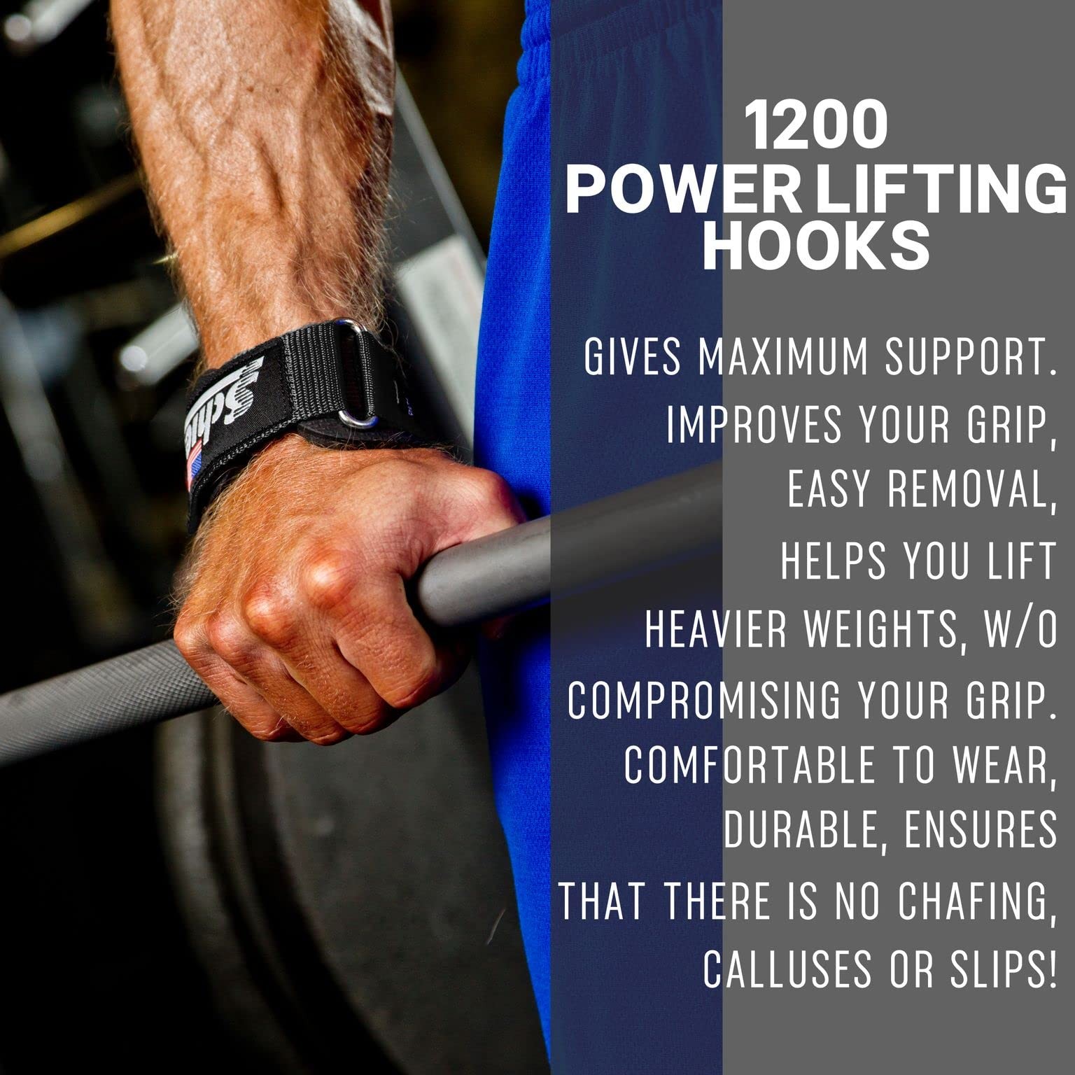Sports 1200 Power Lifting Hooks - Heavy Duty Wrist Straps with Steel Hooks