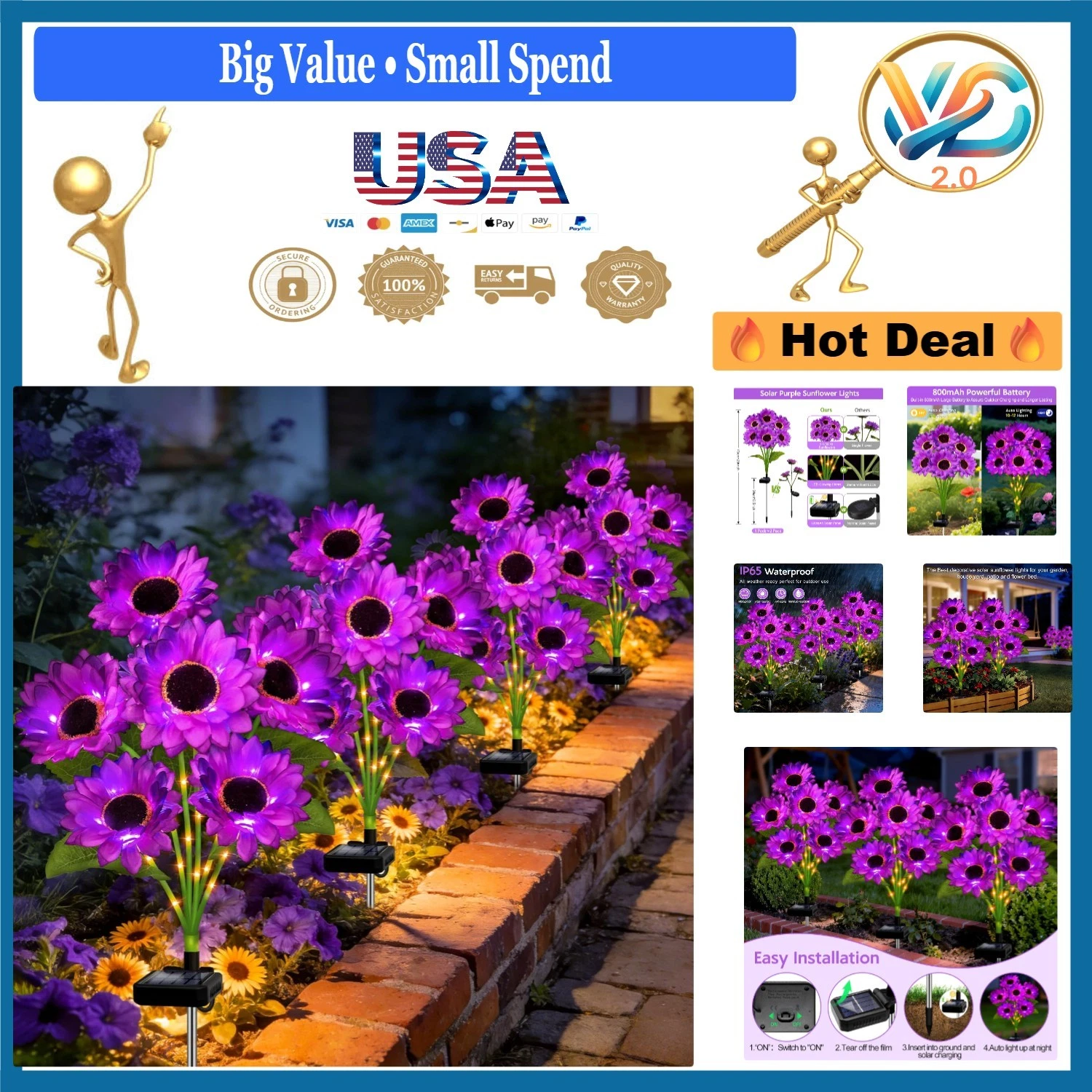 Solar Sunflower Garden Lights 4 Pack Waterproof Outdoor Decor Purple Flower