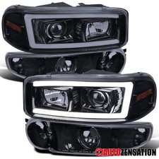 Fit 1999-2006 Gmc Sierra Yukon Led Tube Projector Headlights Bumper Lamps Smoke