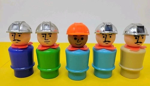 5 Vintage Fisher Price Little People Construction Worker Toy Figure Helmet