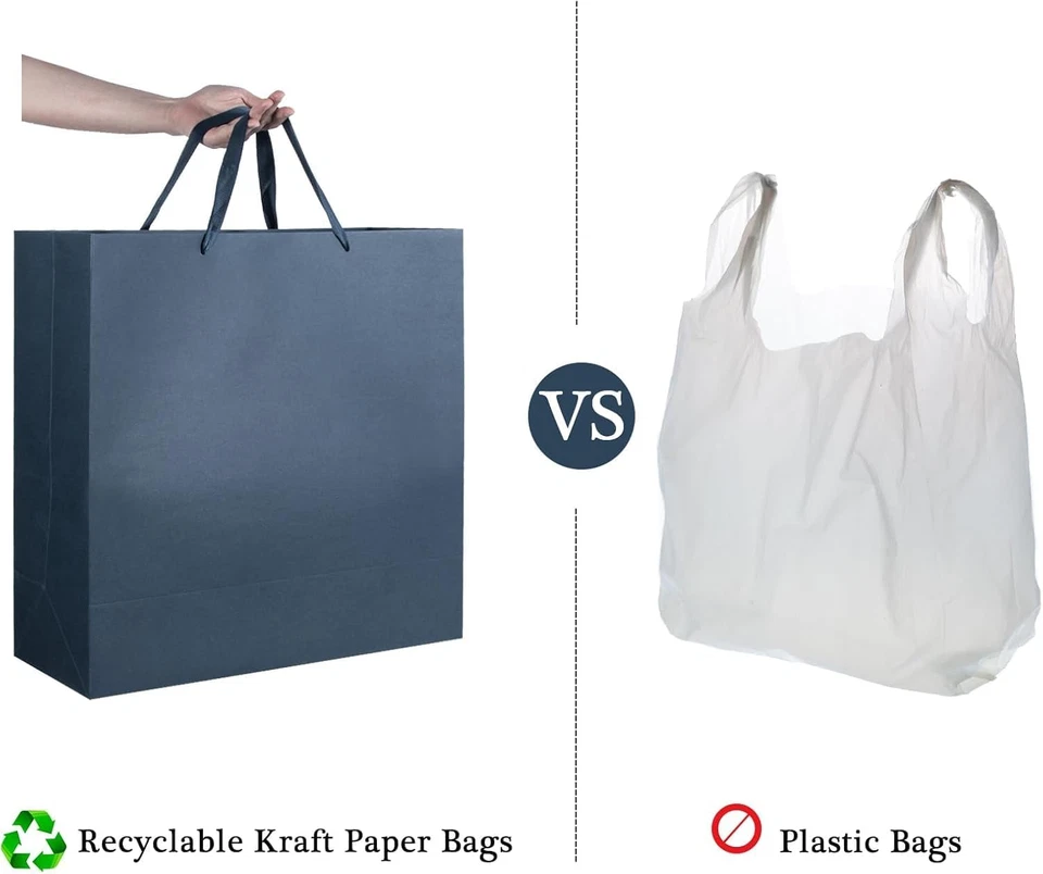 Sacolas de presente marinhas grandes, 17"X7"X17" azul marinho sacos de papel Kraft com alças pacote com 12 - Imagem 4 de 4