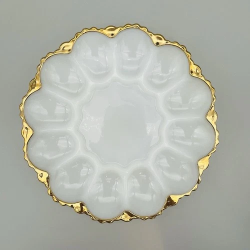 Milk Glass Deviled Egg Dish Plate Gold Trim Fire King Anchor Hocking VTG 1950s
