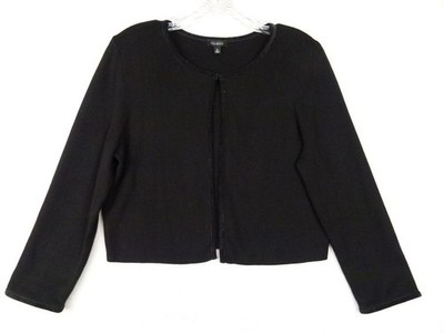 Talbots Women's Medium Black Cropped Cardigan Cotton Blend Sweater Velvet Trim