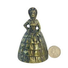 Vintage Figural Dinner Bell Woman in Dress Cast Bronze Brass w/ Patina 4” Tall