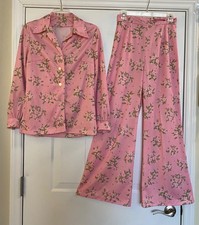 Vtg 70's 2 Pc Pantsuit S Pink w/ Green Floral Polyester Jacket/Top  Pants Flare