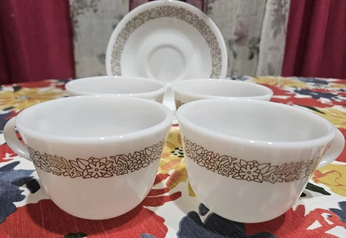 VTG Pyrex Woodland Brown Tea Cups & Matching Corelle Saucers, Set of 4