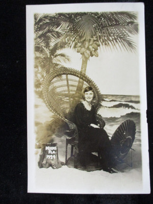 MIAMI FL Studio Photo Woman Coconut Tree Stump Beach Vintage 1924 RPPC Postcard