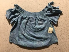 NEW A.n.a A New Approach Blouse Womens Blue Floral Scoop Ruffle Neck Loose