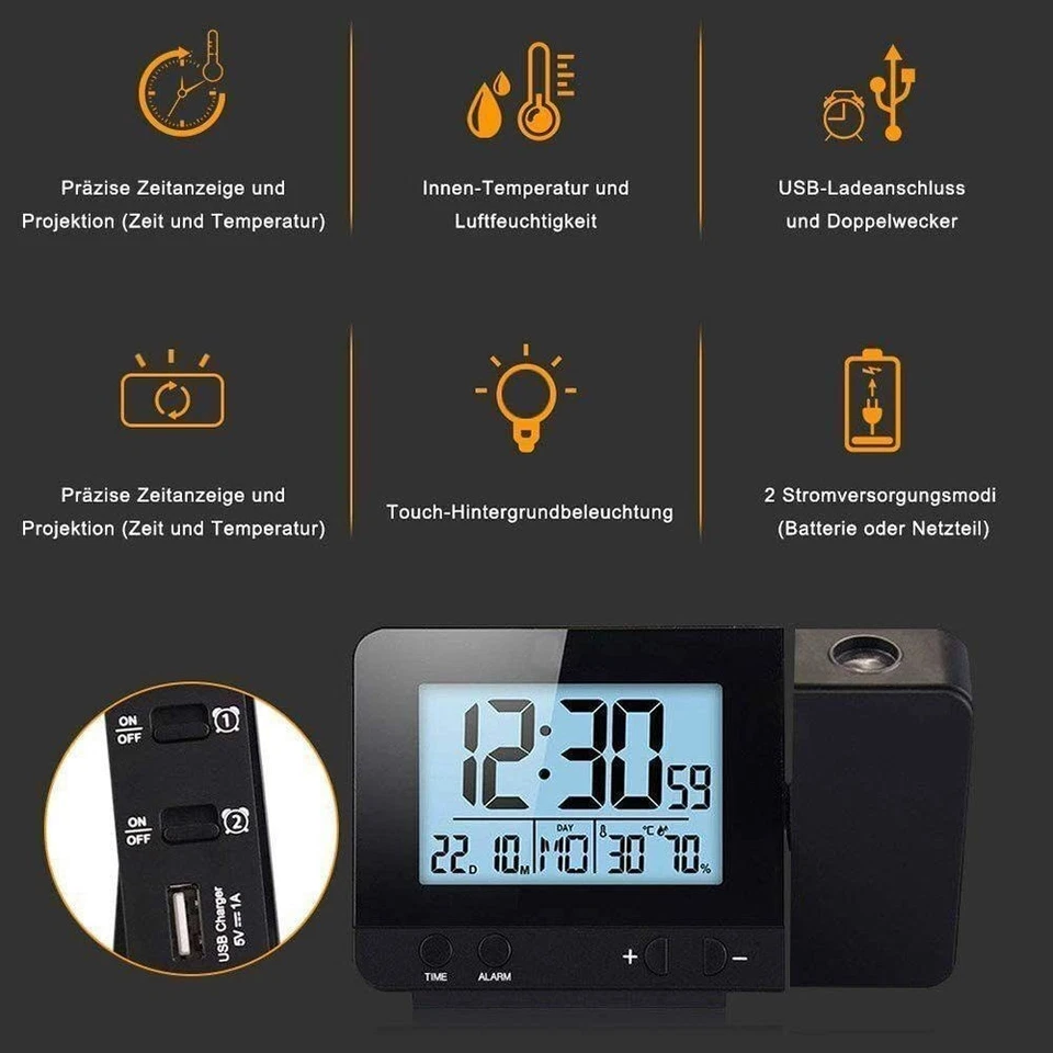 Digital Projektionswecker mit Temperatur Anzeige 180° Drehbar- Große LED Display - Bild 3 von 4