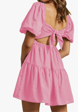 OWNGIGI Women's Pink Summer Dress Square Neck Puffy Short Sleeve Loose Tie Back