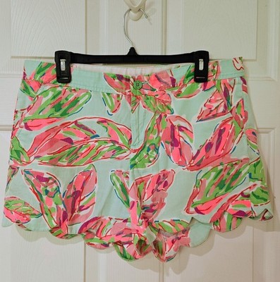 Lilly Pulitzer Buttercup Scallop Hem Shorts Colorful Pink Green Leaves Size 10