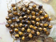 Scarce 1930s Antique 'Gold-plated' Tiger-Eye Gemstone Beads Rosary-St Anne Medal