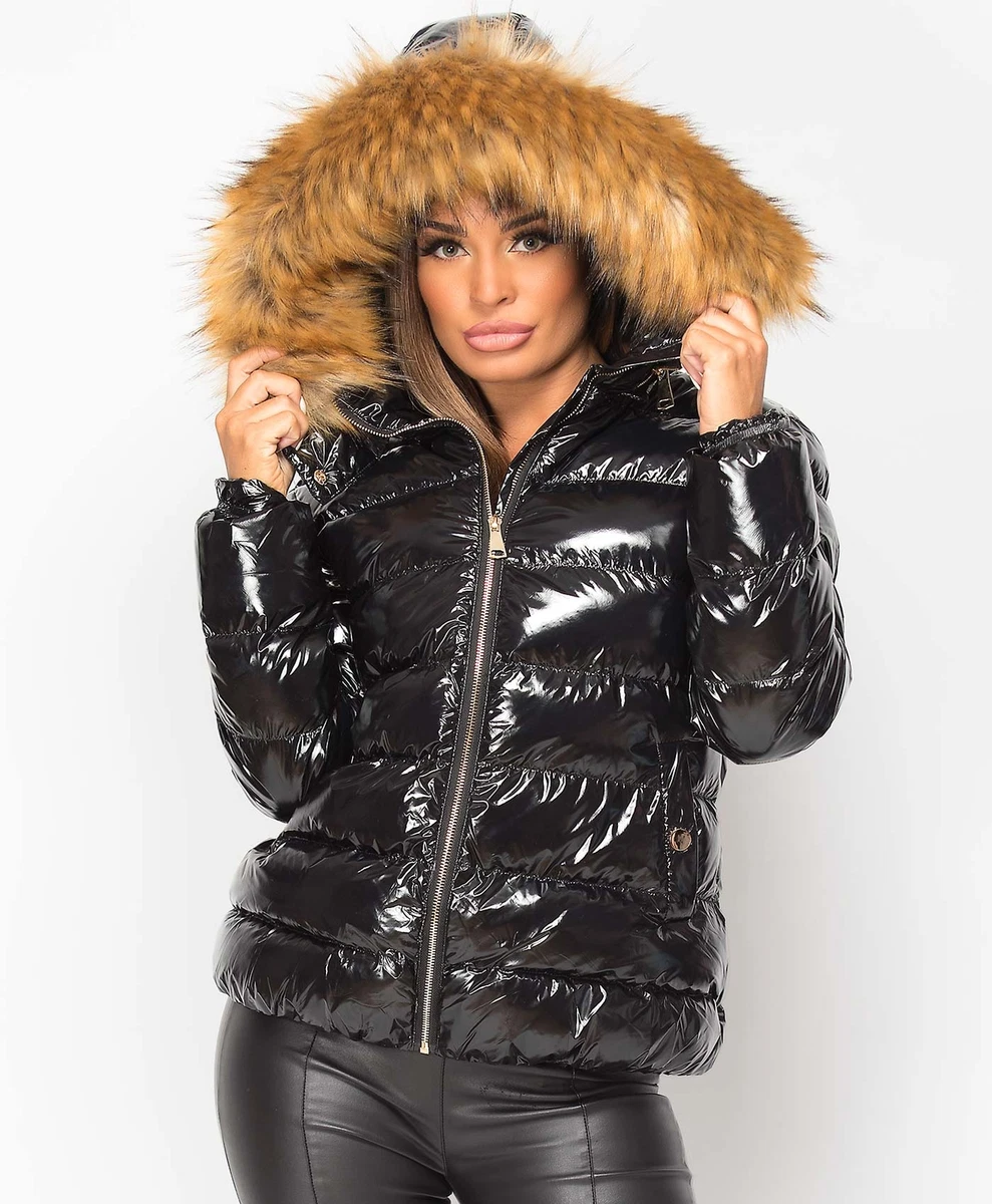 Women's Puffer Quilted Wet Look Shiny Jacket Padded Faux Fur Hooded Winter  Coat | eBay