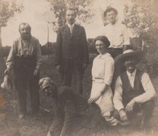 1910s Group Portrait Outdoors Six Adults in Natural Setting Suits and Dresses