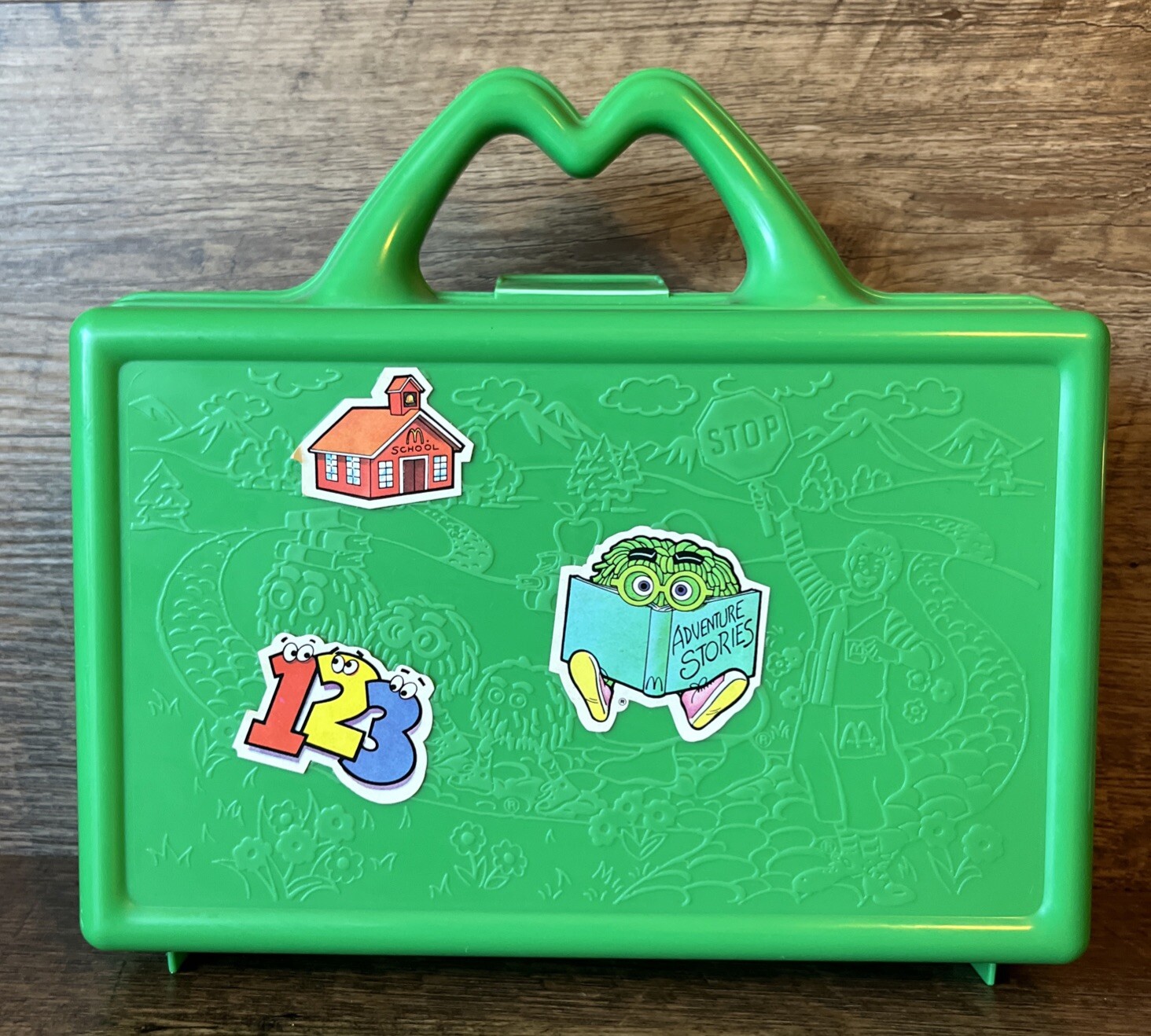 Vintage 1988 McDONALDS Green Happy Meal On the Go Lunch Box Pencil Case Stickers