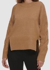  109 DKNY Women's Brown Braided Sleeve Mock Neck High-Low Sweater Size XS