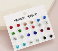 12 Pairs Sparkling Rhinestone Earing Stainless Steel Post 7mm CZ Multicolour