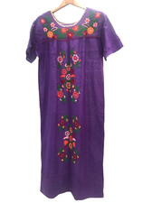 Hand Embroidered Dress, Mexican Style Long Dress, Purple Cotton Oaxacan Dress