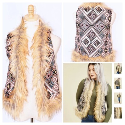 FLYING TOMATO Sherpa Lined Woven Tapestry Vest Faux Fur Trim SZ S Multicolor