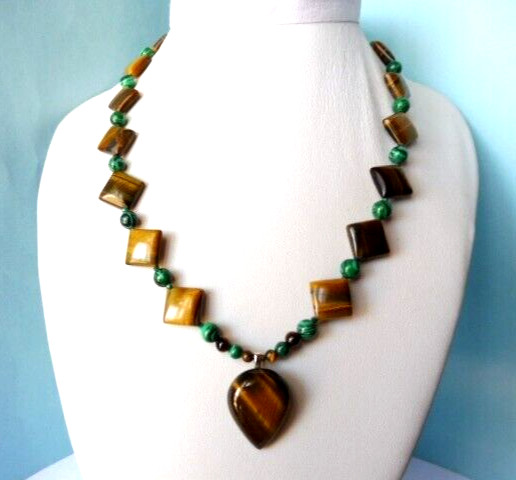 Collier en œil de tigre et malachite véritable en argent massif d'exception