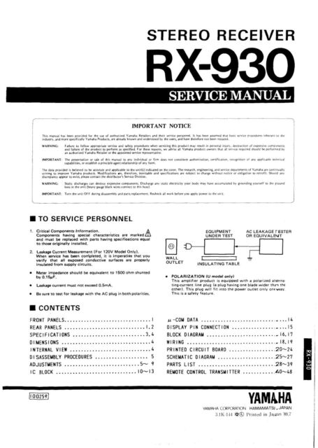 Service Manual Instructions for Yamaha RX-930