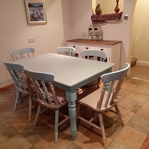 Farmhouse Table With Six Chairs Painted Light Blue And Beige Ebay