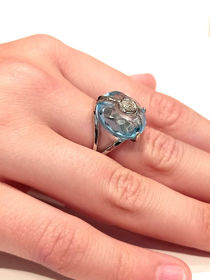 Anillo De Oro Blanco 18 CT 750 Con Topacio Azul Y Diamantes Hecho En Italia - Imagen 3 de 4