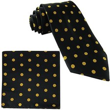 New Men's Polyester Woven Necktie  Pocket Square Hankie Polka Dots Black Gold