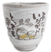 Mino ware Yunomi Chawan Tea Cup Owl Family Gray Ichiyama made in Japan