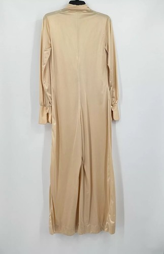 Vtg Le Voy's Satin Jumpsuit Disco M Tan Long Sleeve Wide Leg Palazzo Pants Tie - Picture 2 of 9