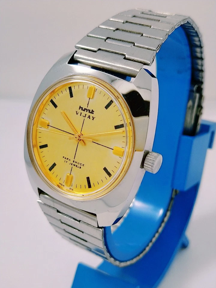 Reloj mecánico original HMT Vijay sin lume, esfera amarilla para hombre 17J vintage*FedEx - Imagen 2 de 4