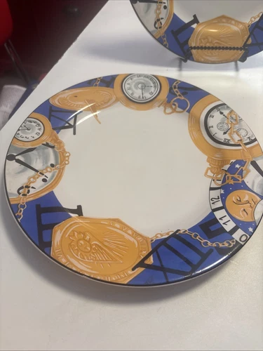 Lot 4 Furio Time Piece Clock Dinner Plates 10 5/8” Contemporary Casual Man Moon