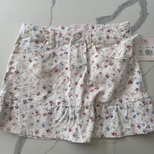 LoveShackFancy Girls 14 Cream Floral Denim Mini Skirt Ruffle Zip Pockets