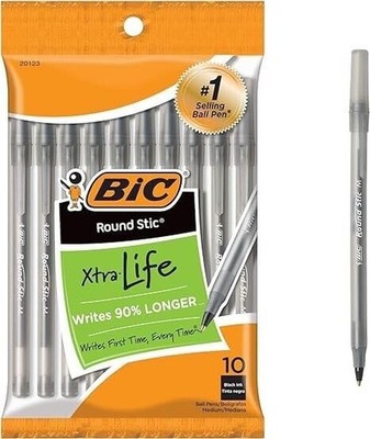 BIC Round Stic Xtra Life Black Ballpoint Pens, 10 Count (Pack of 12),