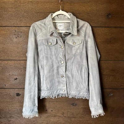 JKT NYC Alexa Patina Leather Jacket S Silver Gray Frayed Hem Button Front