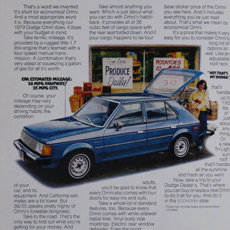 1979 Dodge Omni Economni Omni Does It All Original Print Ad 8.5 x 11" - Image 3 of 3