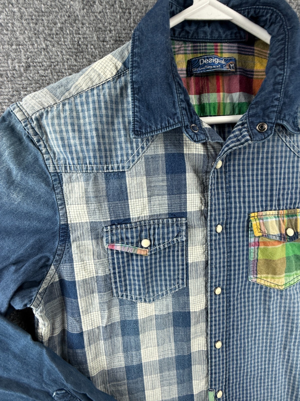 Desigual Patchwork Blue White Medium Plaid Cotton… - image 2