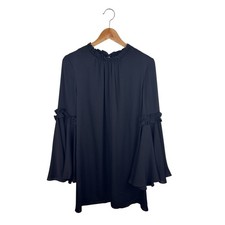 Milly Black Silk Bell Sleeve Mini Dress 10 Ruffle Mod Swing