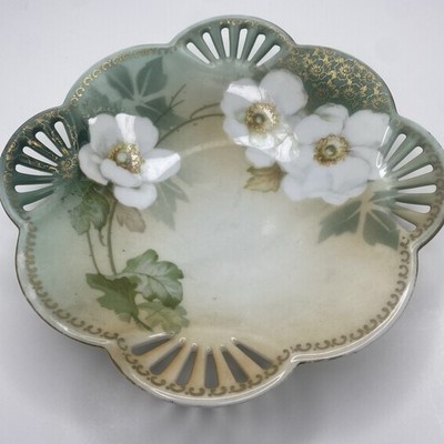 Antique R S Tillowitz Silesia Hand Painted Porcelain Bowl 7'' White Flowers Gold