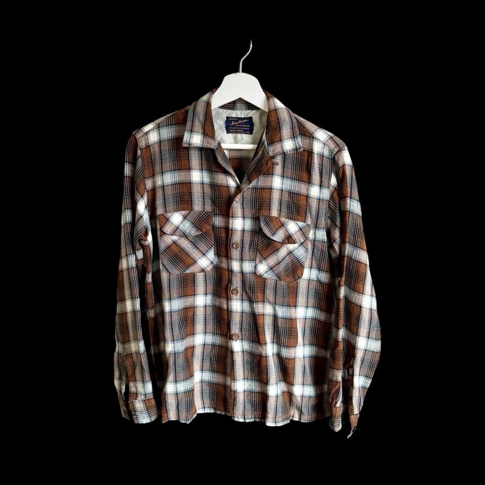 复古 20 世纪 50 年代 Acrallama Milliken Flap 口袋格子衬衫 尺寸 M 羊毛 Acrylam — 第 3/4 张图片